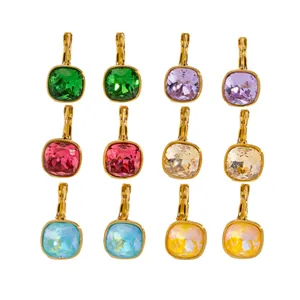 Vibrant candy-colored square zircon leverback earrings set in gold-plated titanium steel