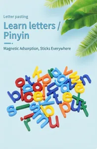 Close-up view of colorful plastic magnetic alphabet letters for kids early education