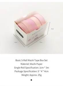 Close-up detail of 5-roll washi tape set in pink tones showing dimensions and specs