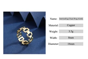 Interlocked chain link ring in gold-tone copper with 8mm width and 16mm diameter