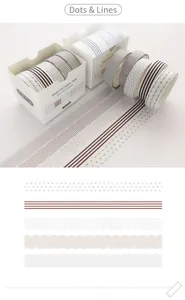 Set of 5 washi tapes with minimalist dot and line patterns in boxed packaging