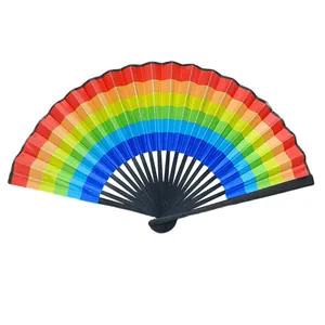 Colorful rainbow stripe folding fan with black frame for pride events or summer decor