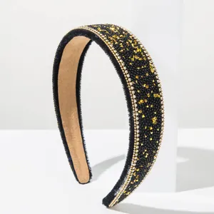 Vintage Baroque style wide black headband with sparkling gold rhinestones and beads for women