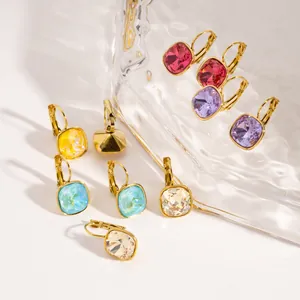 Elegant square colorful zircon earrings in various candy colors made of titanium steel.