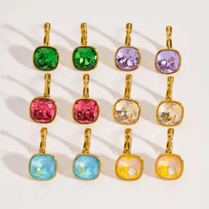 Collection of candy-colored square zircon earrings with gold titanium steel ear hooks