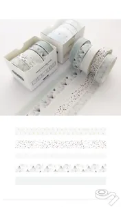 Close-up of 5-roll washi tape set in Pine Mist green with various basic patterns