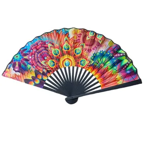 Handheld Folding Fan With Abstract Art Pattern Satin Face Wooden Bone Portable Chinese Style Fan For Home Decoration Gift