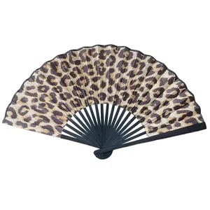 23cm folding hand fan with leopard print fabric and black ribs for cooling