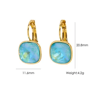 Detailed view of square blue crystal earrings showing 20.8mm height and 4.2g weight