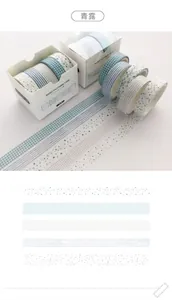 Detailed view of 5 basic pattern Washi tape rolls with blue geometric designs