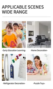 Collage showing various educational magnets in learning, home decor, and play scenes