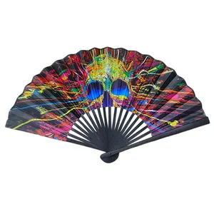 Large 23cm black bamboo folding fan featuring a colorful abstract skull print on durable cloth