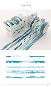Detailed view of 5 ink blue washi tape patterns featuring watercolor landscapes