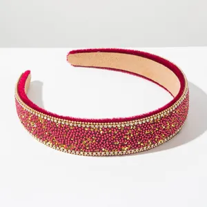 Baroque style red velvet wide headband with sparkling gold and red rhinestone beads