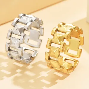 Minimalist Linked Chain Open Ring For Women Adjustable Copper Electroplated Geometric Hollow Finger Ring Fashion Jewelry Gift