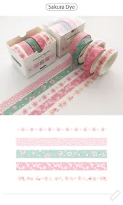 Detail of five sakura washi tape patterns and boxed packaging for Japanese DIY journals