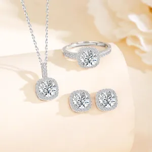 Detailed view of S925 silver moissanite jewelry set with square halo design.