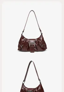Detailed views of a vintage-style glossy brown pleated shoulder bag with buckles.