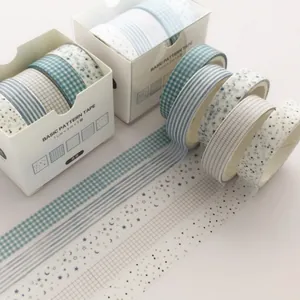 Set of 5 blue basic pattern washi tape rolls for creative DIY journaling and decoration