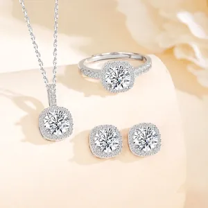 S925 Sterling Silver Moissanite Jewelry Set Square Halo Moissanite Ring Necklace Earrings For Women Fashion Jewelry Wedding Gift