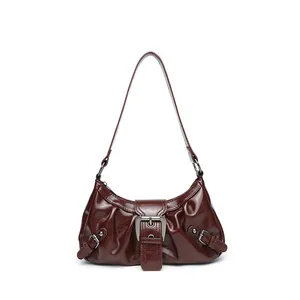 Vintage dark brown pleated underarm bag with large silver buckle detail for women