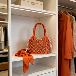 Dettaglio di una borsa a secchiello in macramè arancione su uno scaffale bianco in armadio