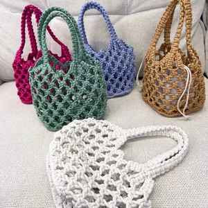 Borsa a Mano in Corda di Cotone Intrecciata a Mano Donna Borsa Tote a Uncinetto Traforata Borsa a Secchiello Mare Estiva