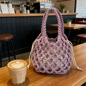 Borsa a mano all'uncinetto viola con sacchetto interno, borsa in paglia stile bohémien.