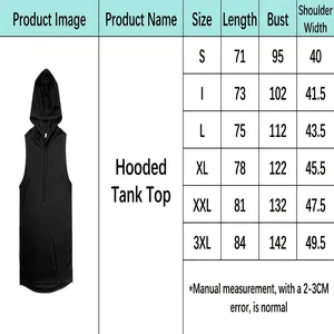 Detailed size chart for men's hooded sleeveless sports T-shirt including measurements