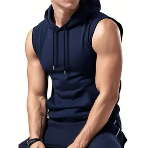 Athletic men's navy blue sleeveless hoodie with slim fit design for fitness training