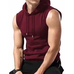 Men's slim fit sleeveless gym hoodie in maroon red for bodybuilding and sports training