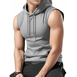 Professional men's slim fit sleeveless hooded workout T-shirt in solid gray color