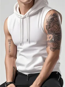 Men's slim-fit sleeveless workout hoodie in solid white color with drawstring hood