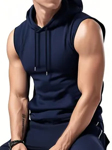 Men's navy blue sleeveless hooded gym T-shirt with a slim fit and athletic style