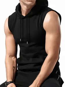 Men's athletic black sleeveless hooded tank top for gym training and fitness wear