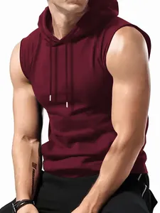 Men's sleeveless muscle hoodie slim fit sport gym T-shirt in burgundy red cotton fabric