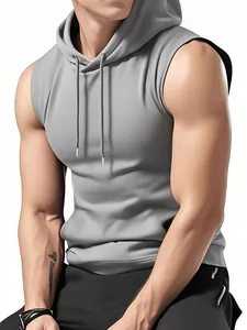 Men's grey sleeveless hooded gym shirt with slim fit athletic design for fitness training