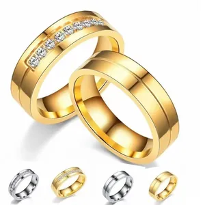 Elegant gold and silver stainless steel couple rings set with cubic zirconia stone accents