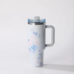 Detail view of floral 3D printed 304 stainless steel insulated tumbler with handle.