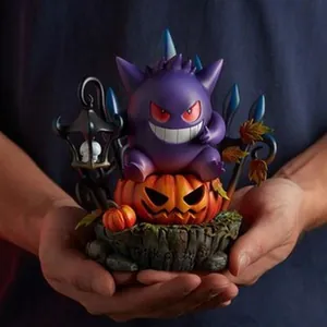 Detailed view of a purple Gengar resin figurine sitting on a Jack-o-lantern pumpkin