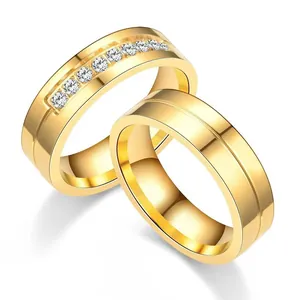 Elegant gold-plated stainless steel couple rings set with cubic zirconia