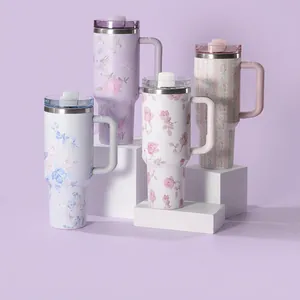 Stainless Steel Insulated Tumbler With Handle Straw Lid 3D Printed Floral Double Wall Vacuum Car Travel Cup Large Mug