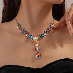 Luxurious vintage palace-style necklace featuring colorful zircon leaves and waterdrop pendant