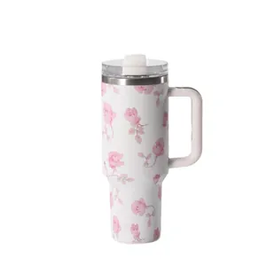 Insulated 304 stainless steel tumbler with 3D floral rose print and car-friendly handle