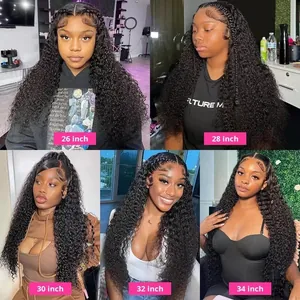 13x6 kinky curly lace front human hair wigs shown in lengths from 26 to 34 inches.