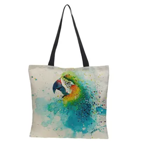 Minimalistische Leinentasche mit buntem Aquarell-Papageien-Print für den Einkauf