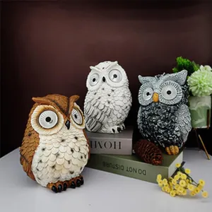 Set of 3 solar owl resin statues with LED eyes for home desktop craft ornaments