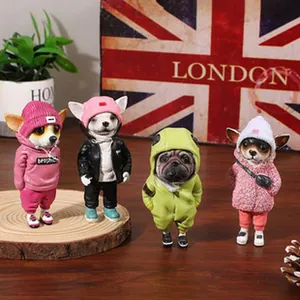 Detailed shot of resin dog figurines in colorful streetwear for home desktop decor.