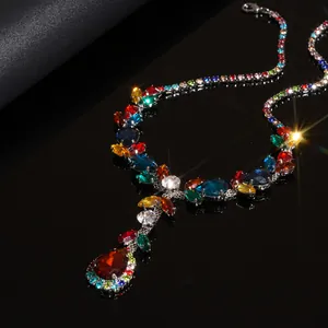 Close-up of vintage multi-color zircon necklace with water-drop pendant details