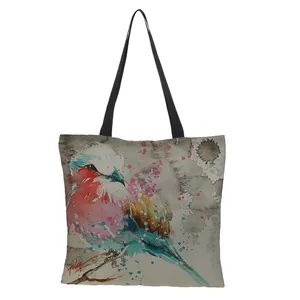 Minimalistische Leinen-Einkaufstasche mit einer farbenfrohen Aquarell-Vogel-Illustration